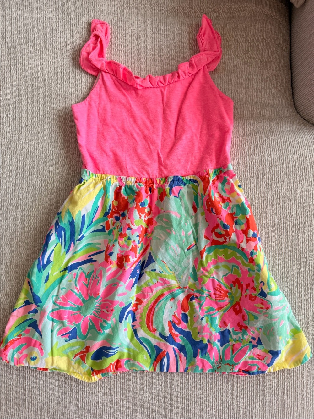 Girls' Pink Ruffle Tank Dress with Vibrant Floral Skirt Medium